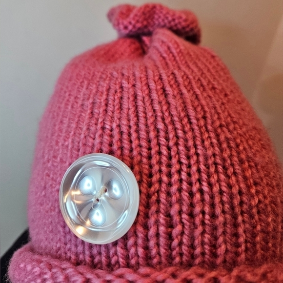 Hand Crafted Mauve Pink Hand knit Beanie Unisex Handmade crochet cap floral top - Picture 9 of 17